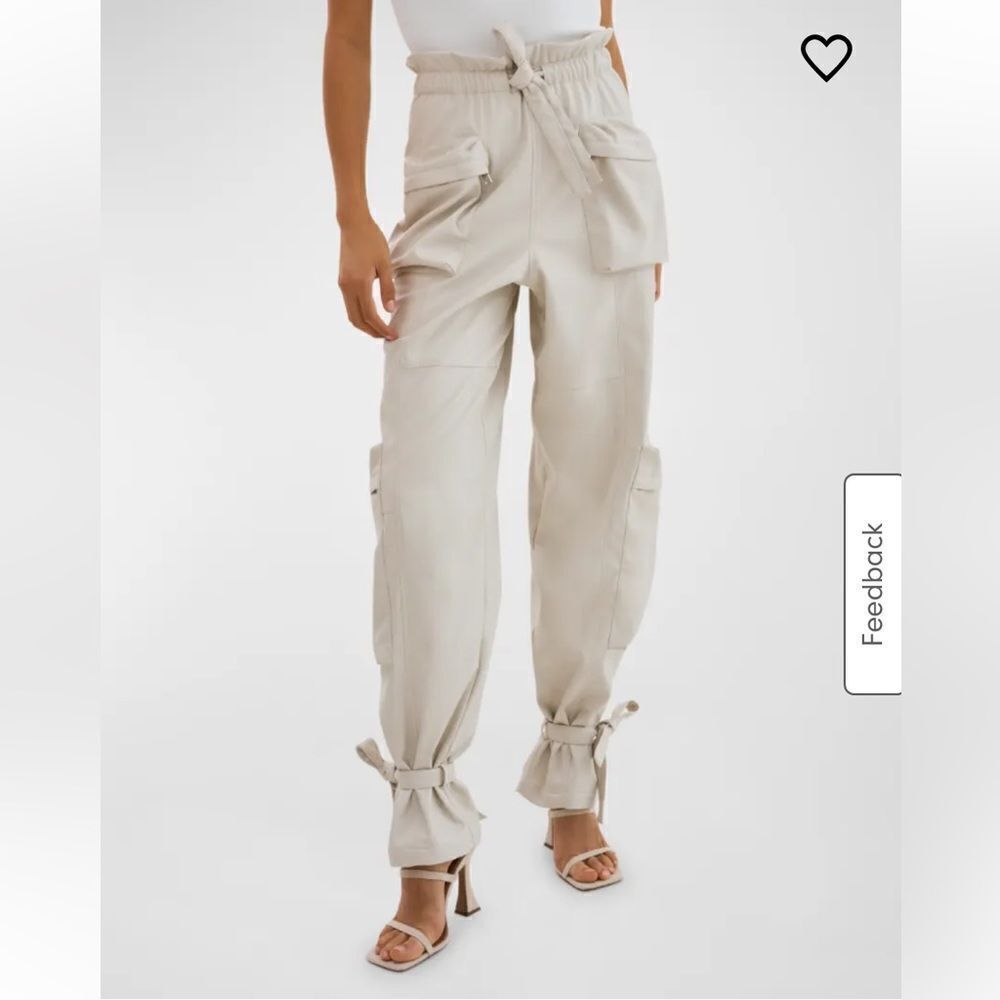 NWT LaMarque Braxton Faux-Leather Tie-Waist Pull-On Pants cargos cream Revolve M